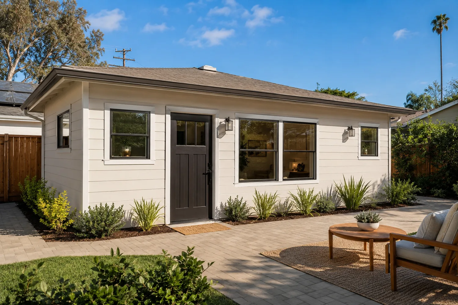 Detached garage converted into an ADU in a Burbank back yard