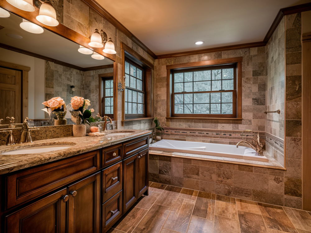 a traditional aesthetic bathroom with natural lighting and a wooden theme