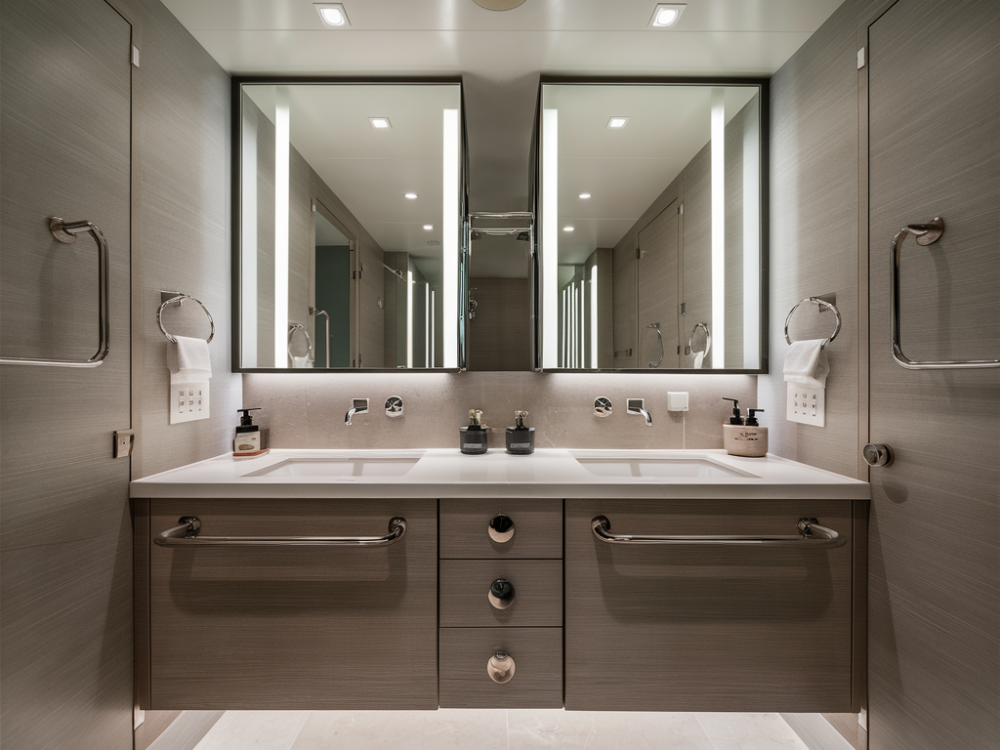 a modern looking double sink with lots of artificial lighting