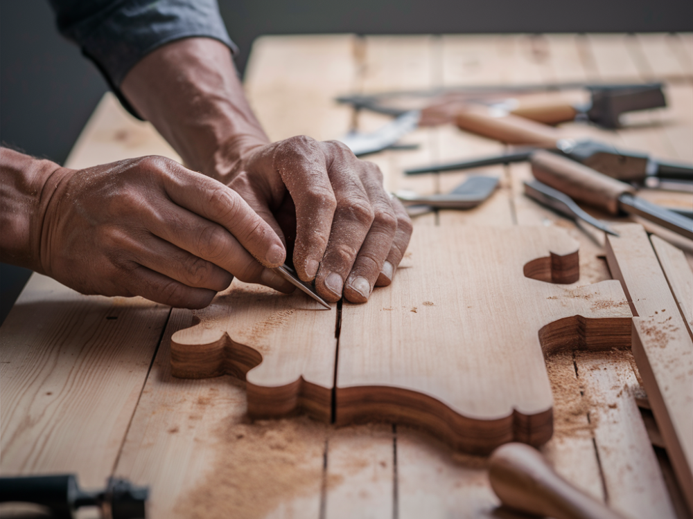 Expert Carpenter working on his craft. He's using this expert tools on premium quality wood.