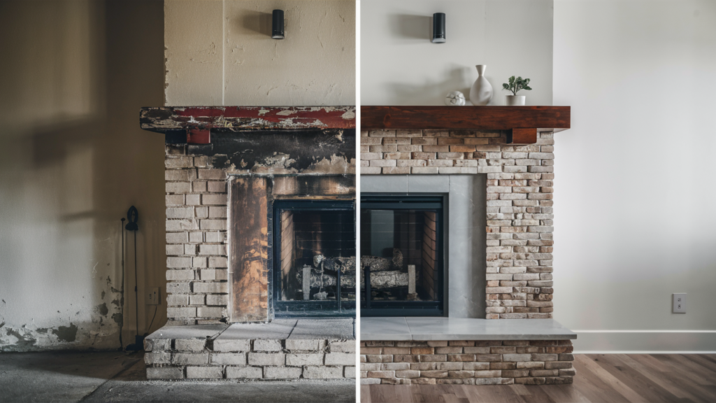 an old brick fireplace renovated into an almost new looking fireplace