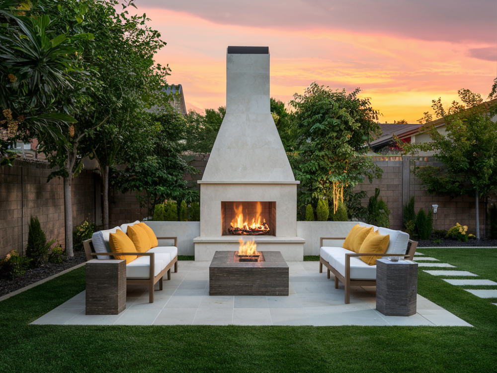 a modern external fireplace in a modern, well maintained burbank backyard