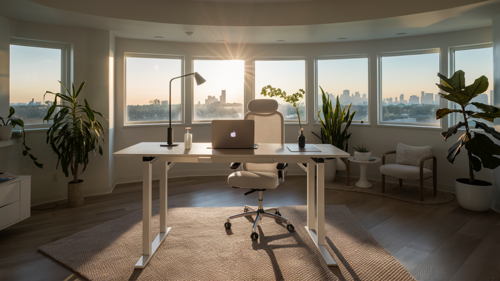 A modern, sleek and clean home office beautifully shining in the sun during the golden hour