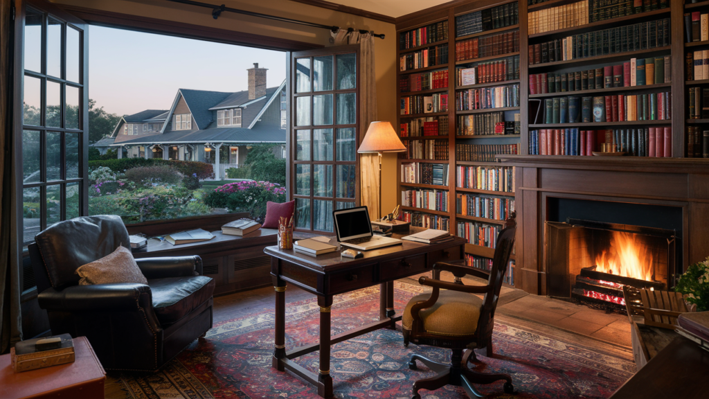 A traditional Home office with a beautiful view of the garden ahead and an indoor fireplace for warmth. A bookshelf on the side with lots and lots of books.