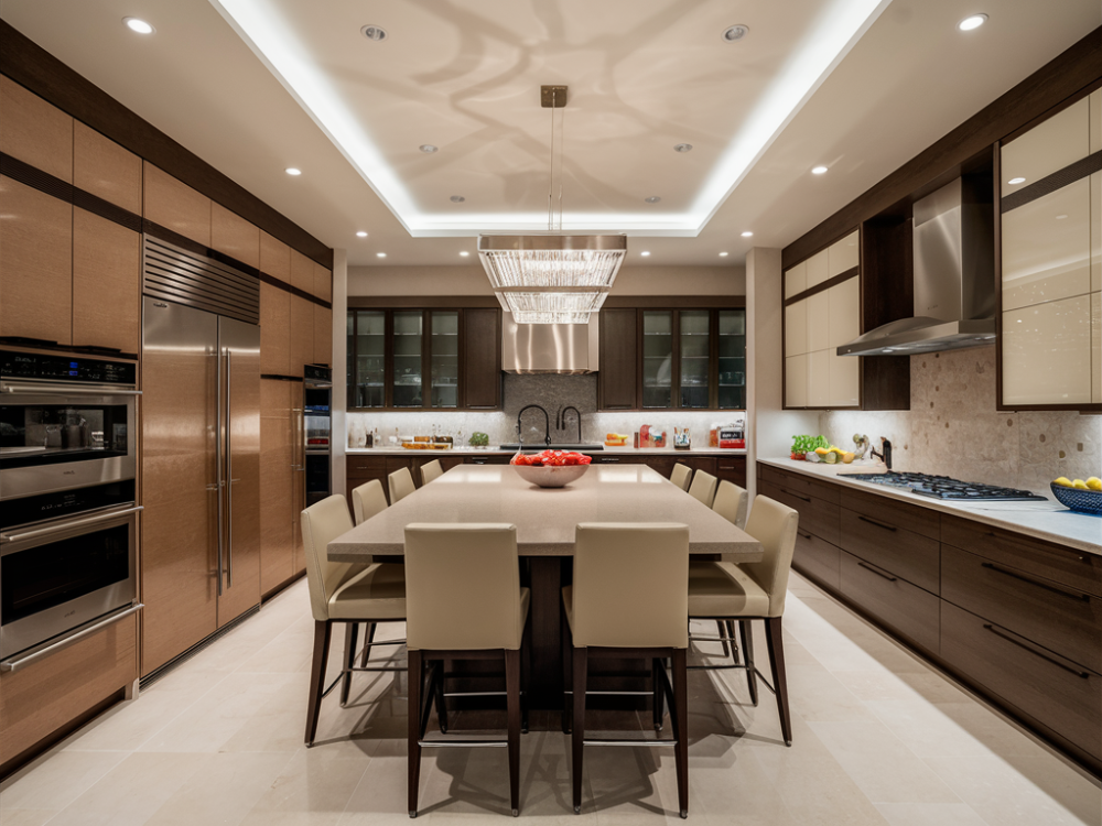 A modern kitchen remodel in burbank with a center kitchen table and u-shaped layout