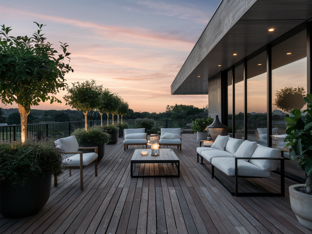 a modern quite and peaceful patio with a lot of greenery around