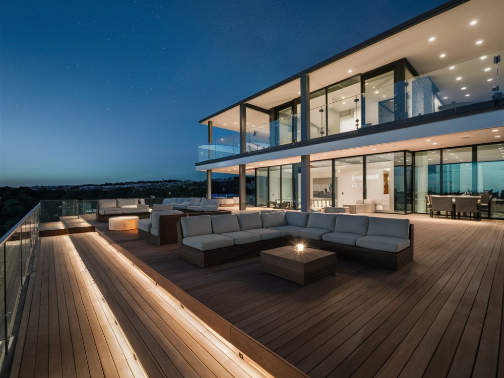 a modern patio with modern sofas and decorative lighting