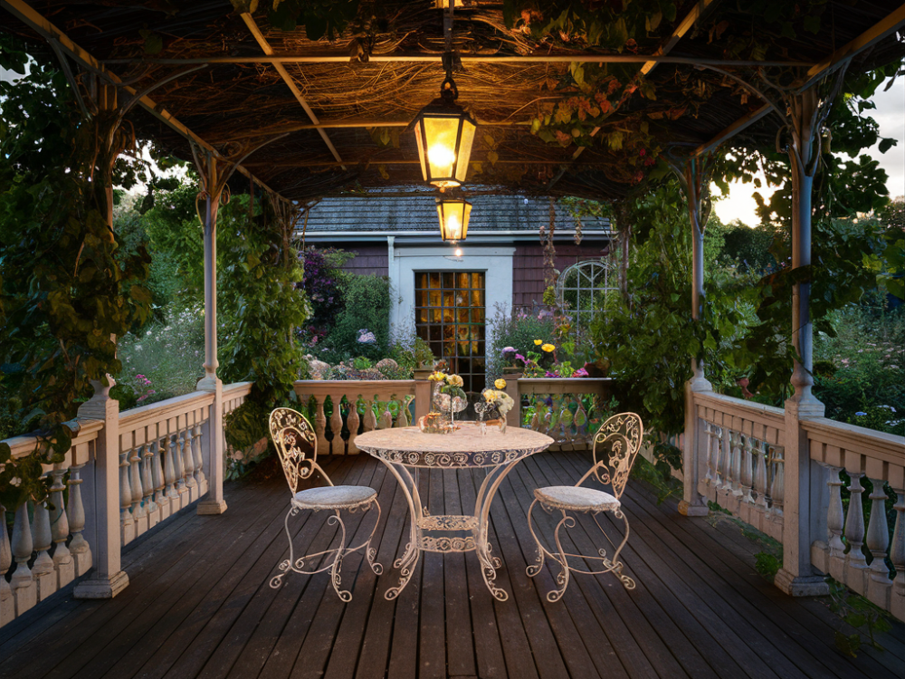 A vintage european themed patio with a wooden deck, a pergola and beautiful classic table set