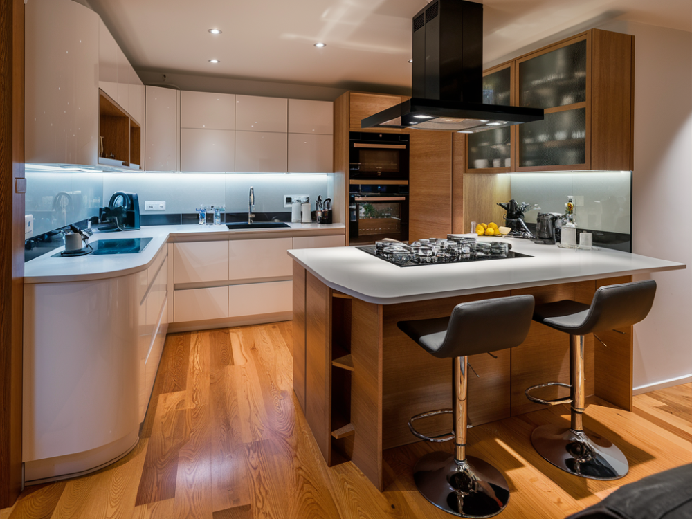 a very modern peninsula kitchen