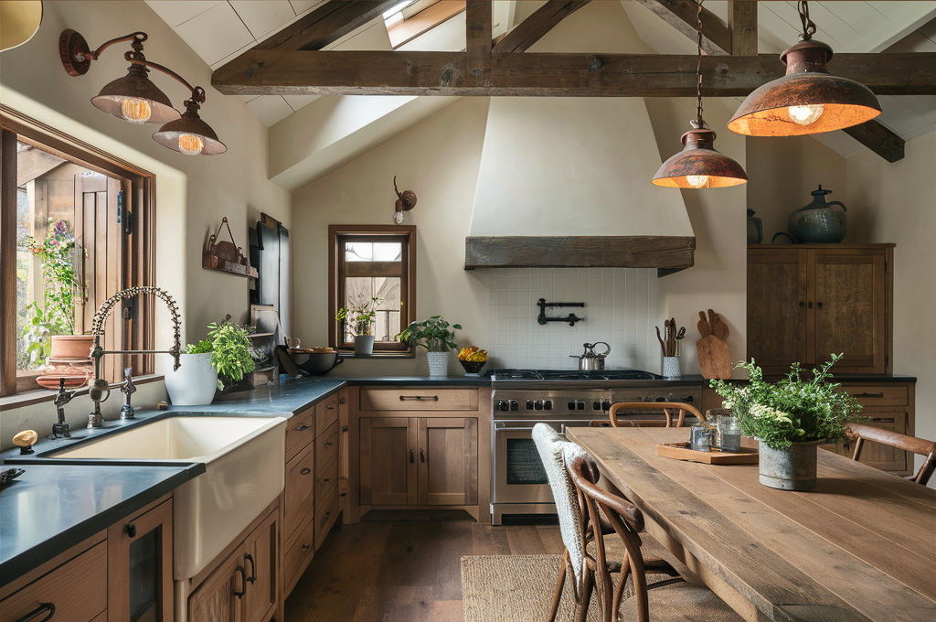 a wooden burbank kitchen with modern accessories and a traditional aesthetic