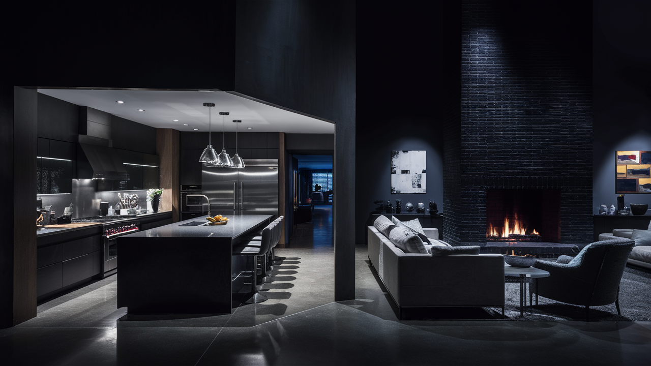 a striking and moody photo of a modern open concept kitchen