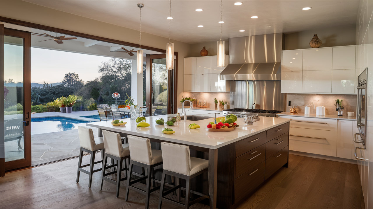 a newly remodeled poolside kitchen in burbank