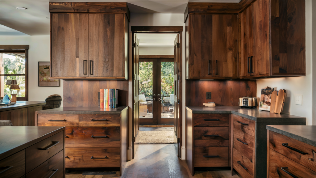 a photo of a recent burbank remodeling contractor custom kitchen cabinet job featuring custom wooden kitchen cabinets that are made of high quality wood