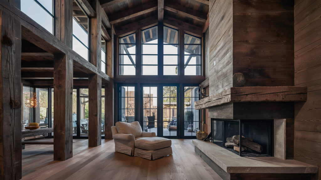 
a wooden indoor fireplace in a wooden burbank home